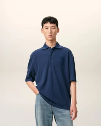 Ami de Coeur Polo in cotone blu con toppa in maglia