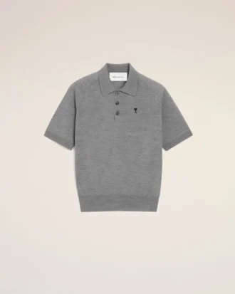 Ami de Coeur Polo in lana grigia a maniche corte