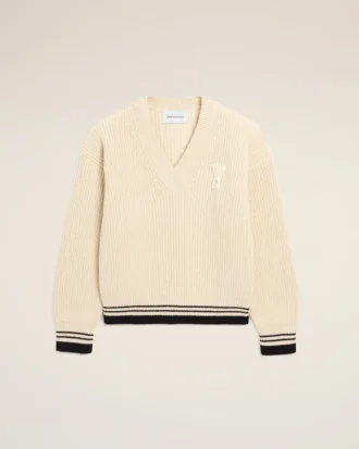 Ami de Coeur Sweater in lana a coste con scollo a V bianco