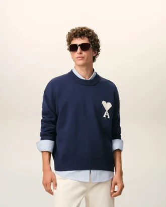 Ami de Coeur Sweater in lana e cotone con collo rotondo blu