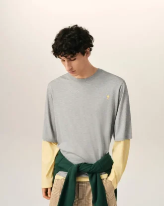 Ami de Coeur T-Shirt in cotone grigio con effetto doppia manica