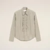 Camicia aderente con volant a maniche lunghe in cotone beige Camicia aderente con volant a maniche lunghe in cotone beige
