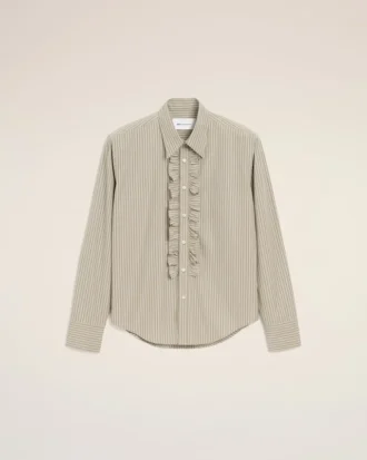Camicia aderente con volant a maniche lunghe in cotone beige