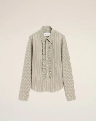 Camicia aderente con volant a maniche lunghe in cotone beige