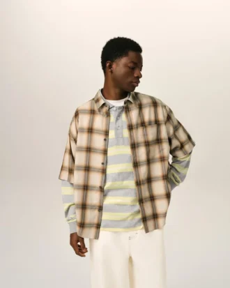 Camicia Ami de Coeur a quadri beige dal taglio squadrato in tela