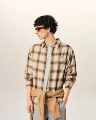 Camicia Ami de Coeur a quadri beige dal taglio squadrato in tela