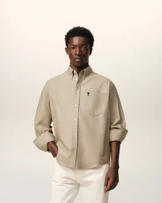Camicia Ami de Coeur in cotone beige dal taglio squadrato con ricami