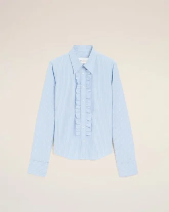 Camicia blu in cotone a maniche lunghe con volant e vestibilità aderente