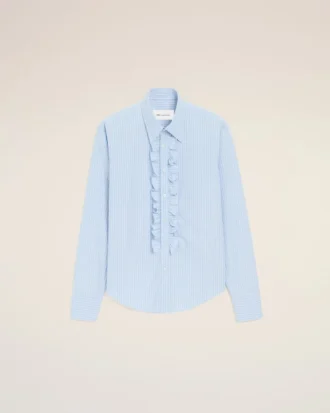 Camicia blu in cotone a maniche lunghe con volant e vestibilità aderente