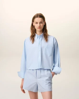 Camicia corta in cotone blu con motivo Ami de Coeur in rilievo