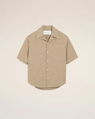 Camicia lunga a maniche corte in cotone beige con collo alla camp