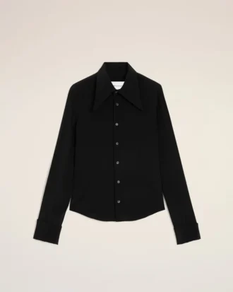 Camicia nera in misto seta con colletto a punta