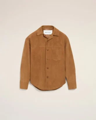 Camicia oversize in pelle di capra marrone con bottoni