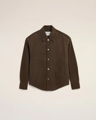Camicia oversize in pelle di capra marrone con bottoni