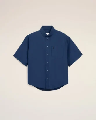 Camicia squadrata in cotone blu con ricami Ami de Coeur