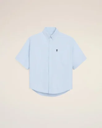 Camicia squadrata in cotone blu con ricami Ami de Coeur