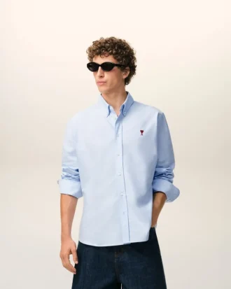 Camicie classiche a maniche lunghe in cotone blu con colletto button-down e ricamo ADC Camicie classiche a maniche lunghe in cotone blu con colletto button-down e ricamo ADC