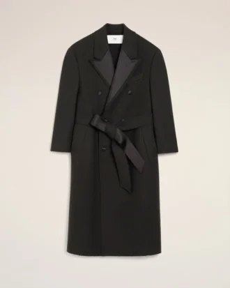 Cappotto lungo doppiopetto in lana nera smockata