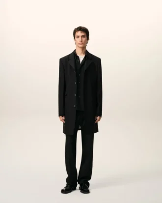 Cappotto nero in lana vergine, dritto, a un rigo