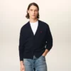 Cardigan in lana blu con Ami de Coeur a contrasto