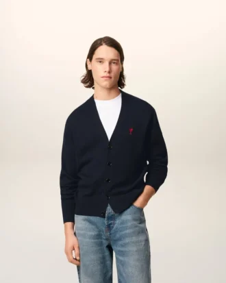 Cardigan in lana blu con Ami de Coeur a contrasto Cardigan in lana blu con Ami de Coeur a contrasto