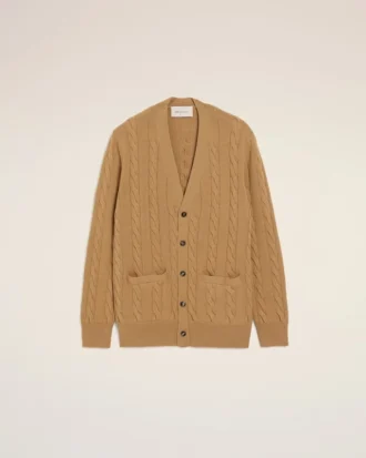 Cardigan marrone in lana e cotone a trecce