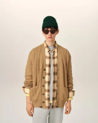 Cardigan marrone in lana e cotone a trecce