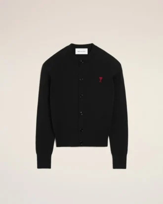 Cardigan nero in lana a girocollo con Ami de Coeur a contrasto Cardigan nero in lana a girocollo con Ami de Coeur a contrasto