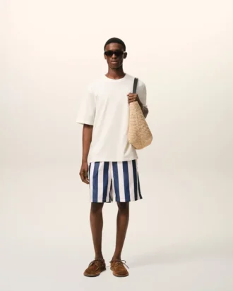 Costume da bagno a righe lunghe bianco e blu navy