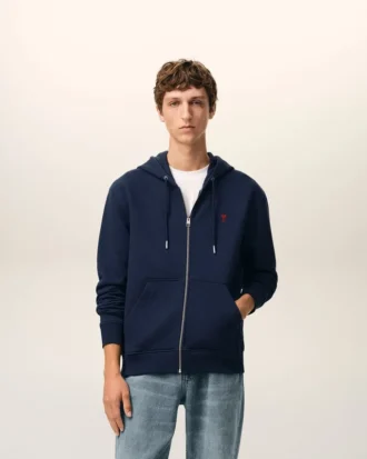 Felpa con cappuccio blu in cotone e Red Ami de Coeur con zip