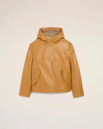Giacca con cappuccio in pelle di vacchetta gialla Giacca con cappuccio in pelle di vacchetta gialla