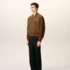 Giacca con zip in pelle marrone