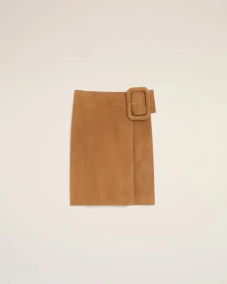 Gonna midi con cintura in pelle di capra marrone e fibbia grande