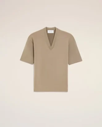 Maglia a maniche corte in lana beige con scollo a V