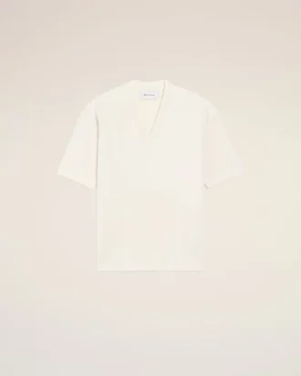 Maglia bianca in lana a maniche corte con scollo a V