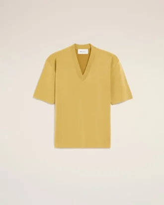 Maglia gialla a maniche corte in lana con scollo a V