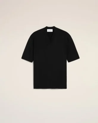 Maglia nera in lana a maniche corte con scollo a V