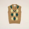 Maglia senza maniche in lana e cotone marrone con motivo Argyle intarsiato