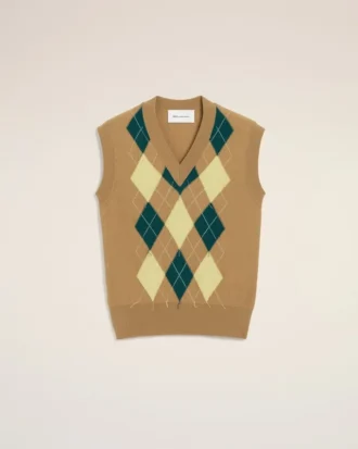 Maglia senza maniche in lana e cotone marrone con motivo Argyle intarsiato