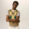 Maglia senza maniche in lana e cotone marrone con motivo Argyle intarsiato