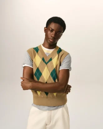 Maglia senza maniche in lana e cotone marrone con motivo Argyle intarsiato