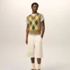 Maglia senza maniche in lana e cotone marrone con motivo Argyle intarsiato