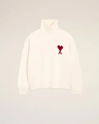 Maglione a collo a imbuto in lana naturale con Ami de Coeur a contrasto