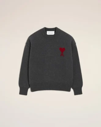 Maglione a girocollo in lana grigia con Ami de Coeur a contrasto