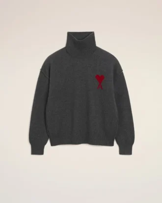 Maglione grigio in lana con collo a imbuto e Ami de Coeur a contrasto