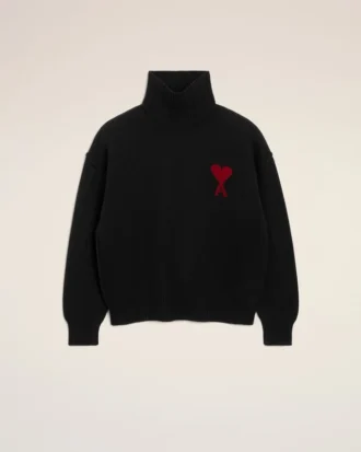 Maglione nero in lana con collo a imbuto e Ami de Coeur a contrasto