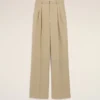 Pantaloni beige in lana vergine a vita alta e gamba larga