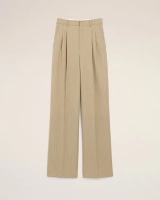 Pantaloni beige in lana vergine a vita alta e gamba larga