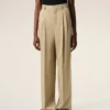 Pantaloni beige in lana vergine a vita alta e gamba larga