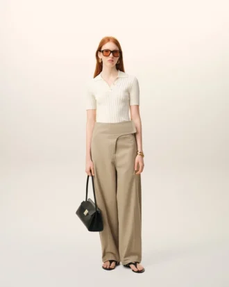 Pantaloni con cintura avvolgente in cotone beige